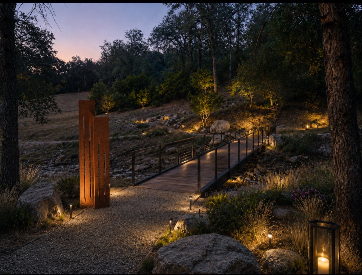 Lantern trail and footbridge